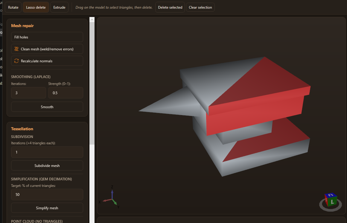 Lasso-selecting triangles for deletion, highlighted in red
