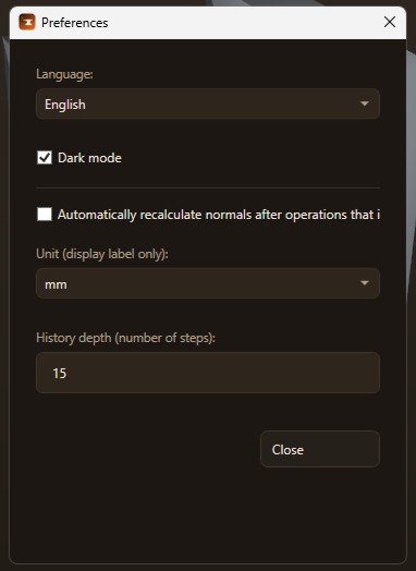 Preferences window: language, theme, units, history depth