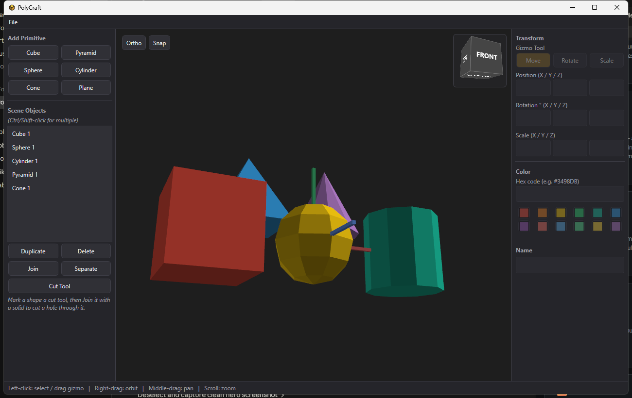 A colorful scene of primitives in PolyCraft: cube, sphere, cylinder, pyramid, and cone