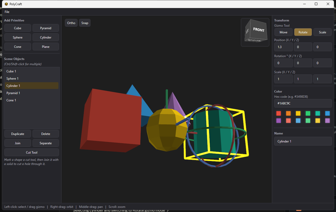 The trackball-style rotate gizmo turning a cylinder in PolyCraft